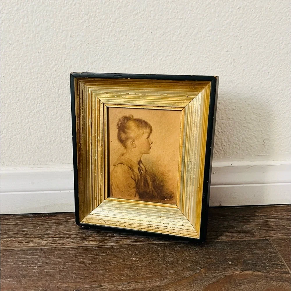 Vintage Gold and Black Framed Portrait - Sidney Bell”Charlotte “ 6/8 Inch